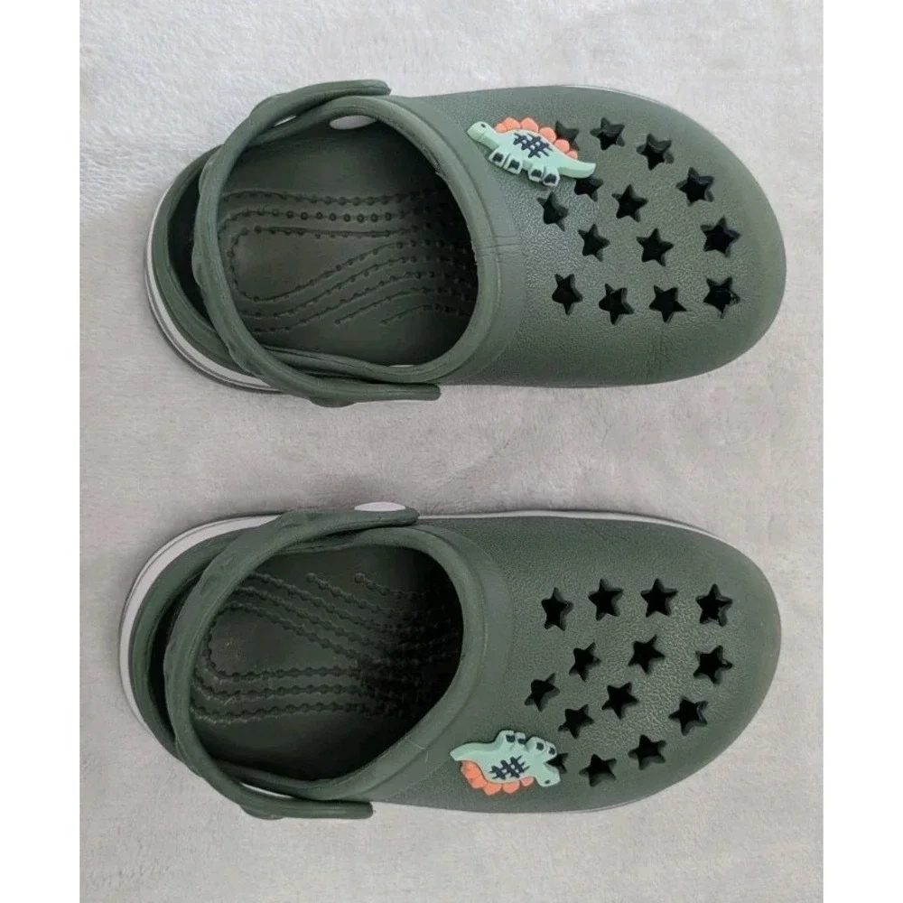 Khaki Slip-On Clogs Solid Round Toe Strap Accent Size 7 Unisex Dinosaur Charm